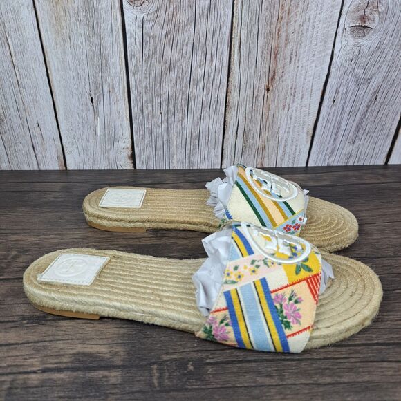 Tory Burch Benton Open Toe Women's Sz 8.5 Espadrille Slides Ribbon Weave Floral - Picture 3 of 9